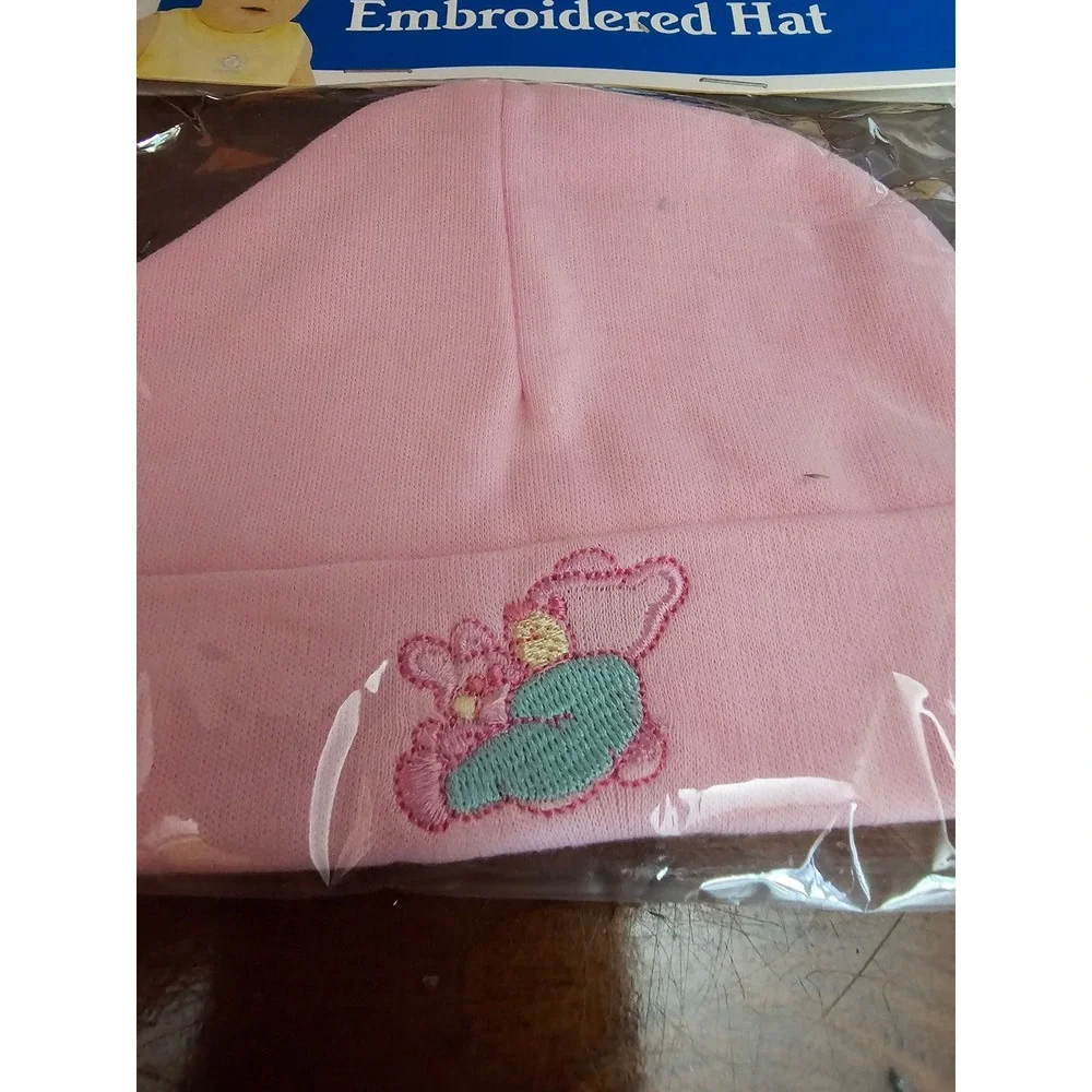 Baby King 2003 Vintage Pink Embroidered Teddy Bear Infant Beanie Hat Set  2pk